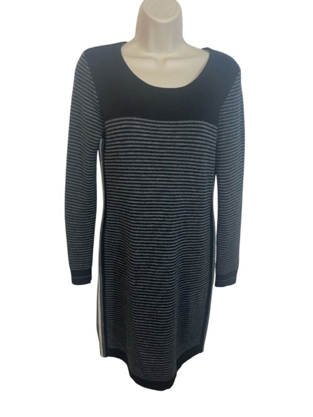 DONNA RICCO NY Women's  Striped Black Gray Sweater Dress 100% Merino Wool READ